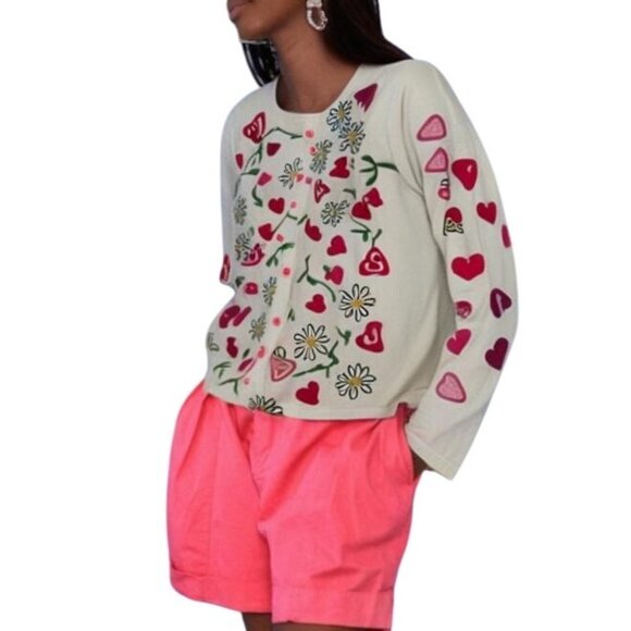Michael Simon 100% Cotton Pink Red Embroidered Hearts Flowers Cardigan Medium - Picture 1 of 11